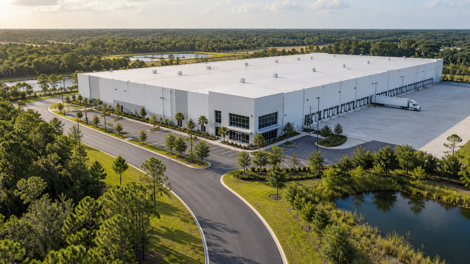 Illustrative aerial view of a logistics building surrounded by central Florida greenery
