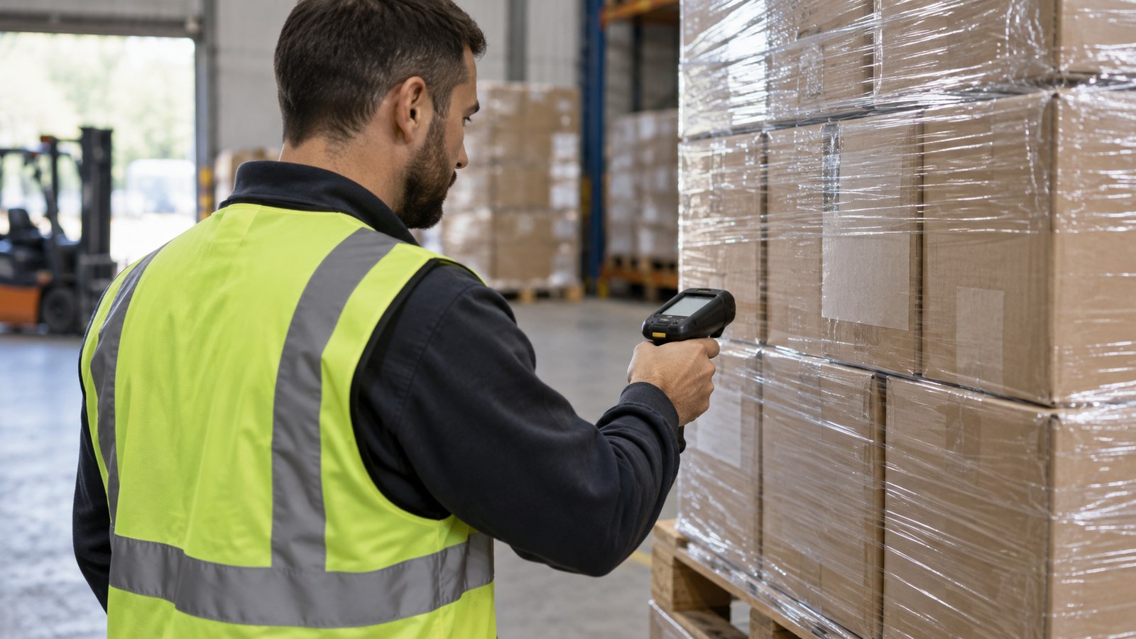 Illustrative warehouse worker checking palletized cargo with a scanner