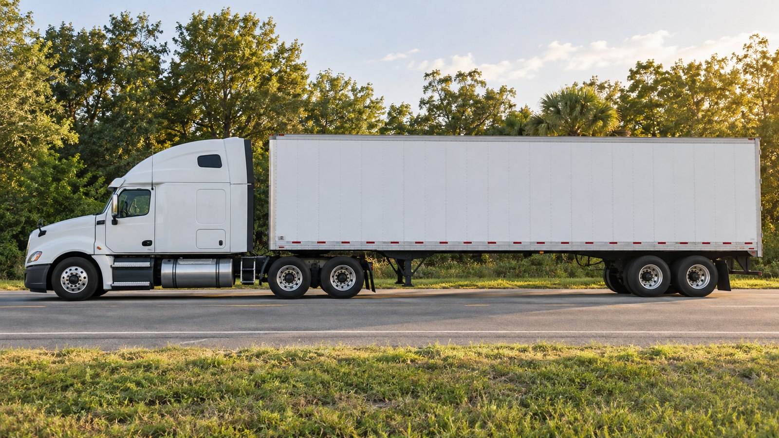 Illustrative side profile of a tractor-trailer on a tree-lined central Florida road