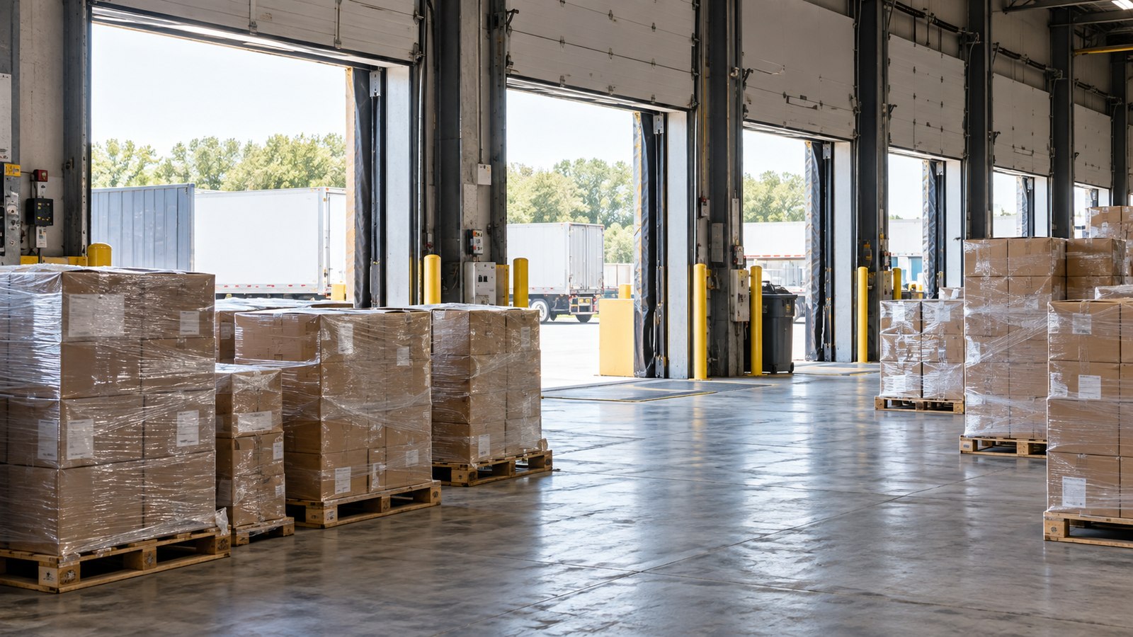 Illustrative side-on view of warehouse freight and open loading doors